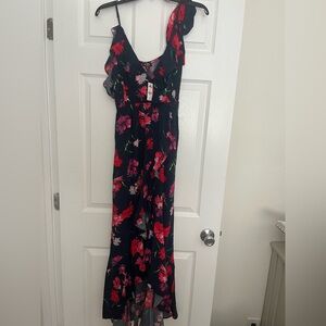 Express Black Maxi Dress with Red Floral Design